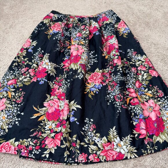 F A Chatta Ltd Skirt Womens 8 Black Pink Dark Floral Vintage Made in USA Midi - Picture 2 of 9